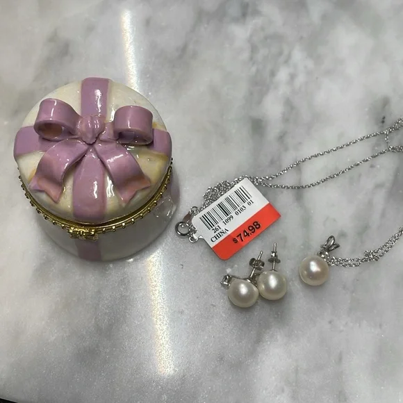 Pearl genuine white topaz necklace earring set sterling silver - Picture 3 of 5